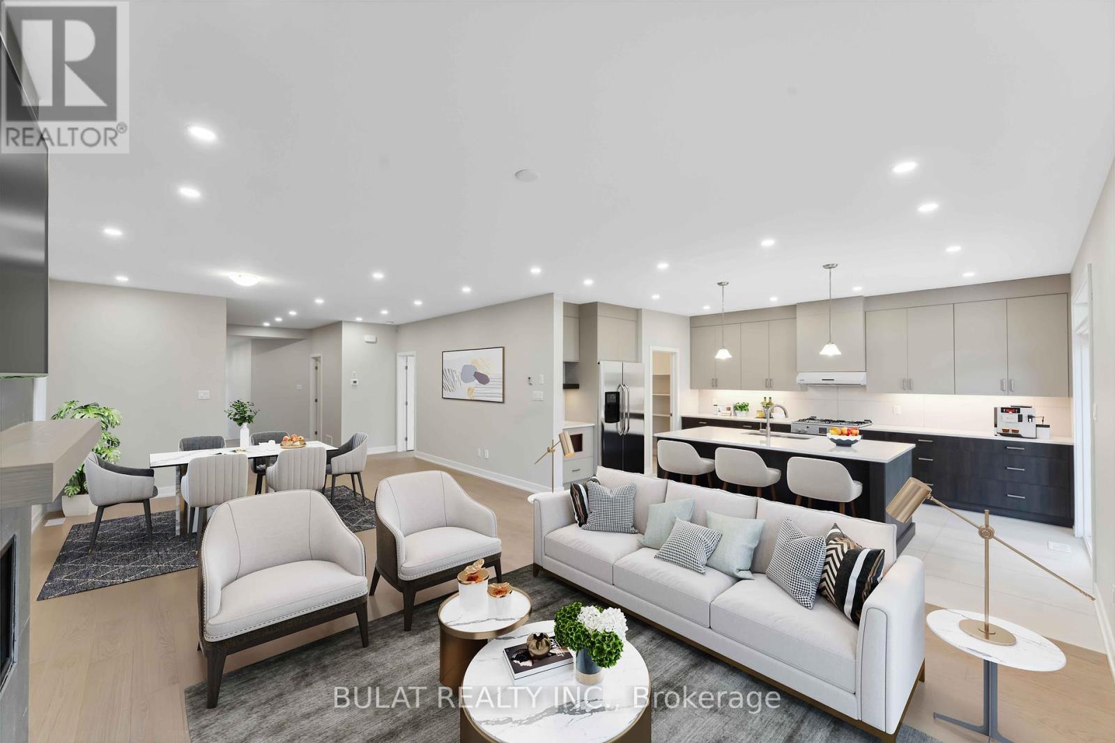 Virtually staged kitchen, living & dining rooms