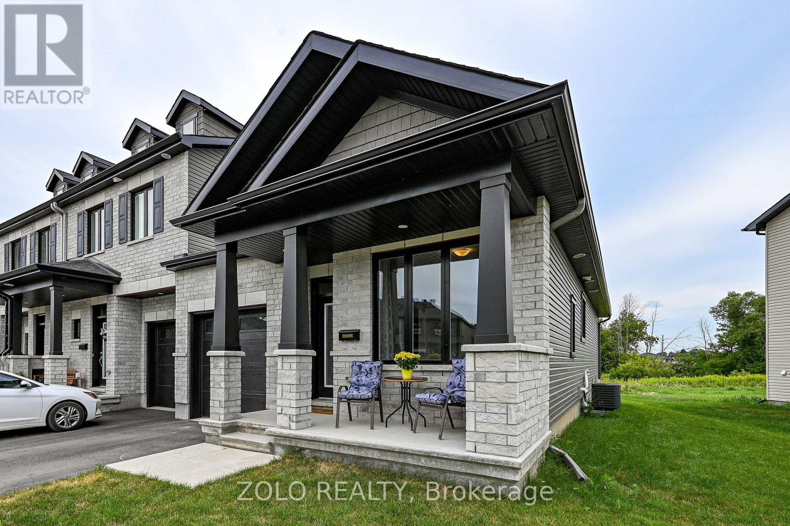 Modern trim, window frames, and white brick.