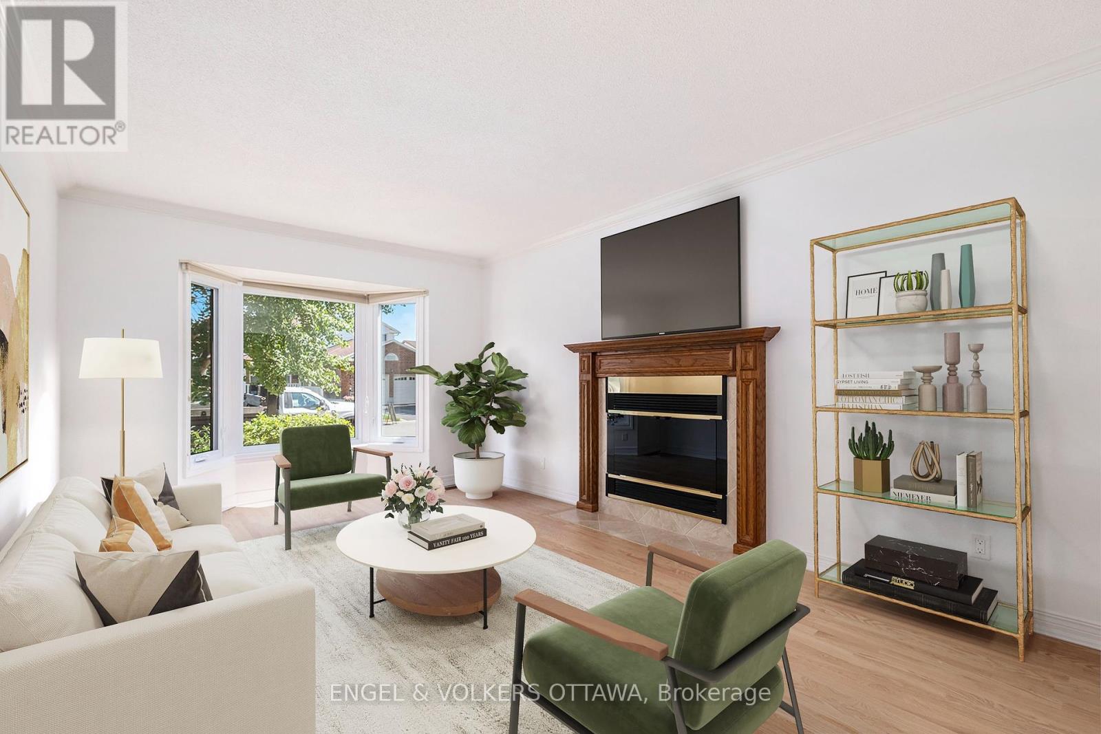 Gas fireplace and bay window with new hardwood