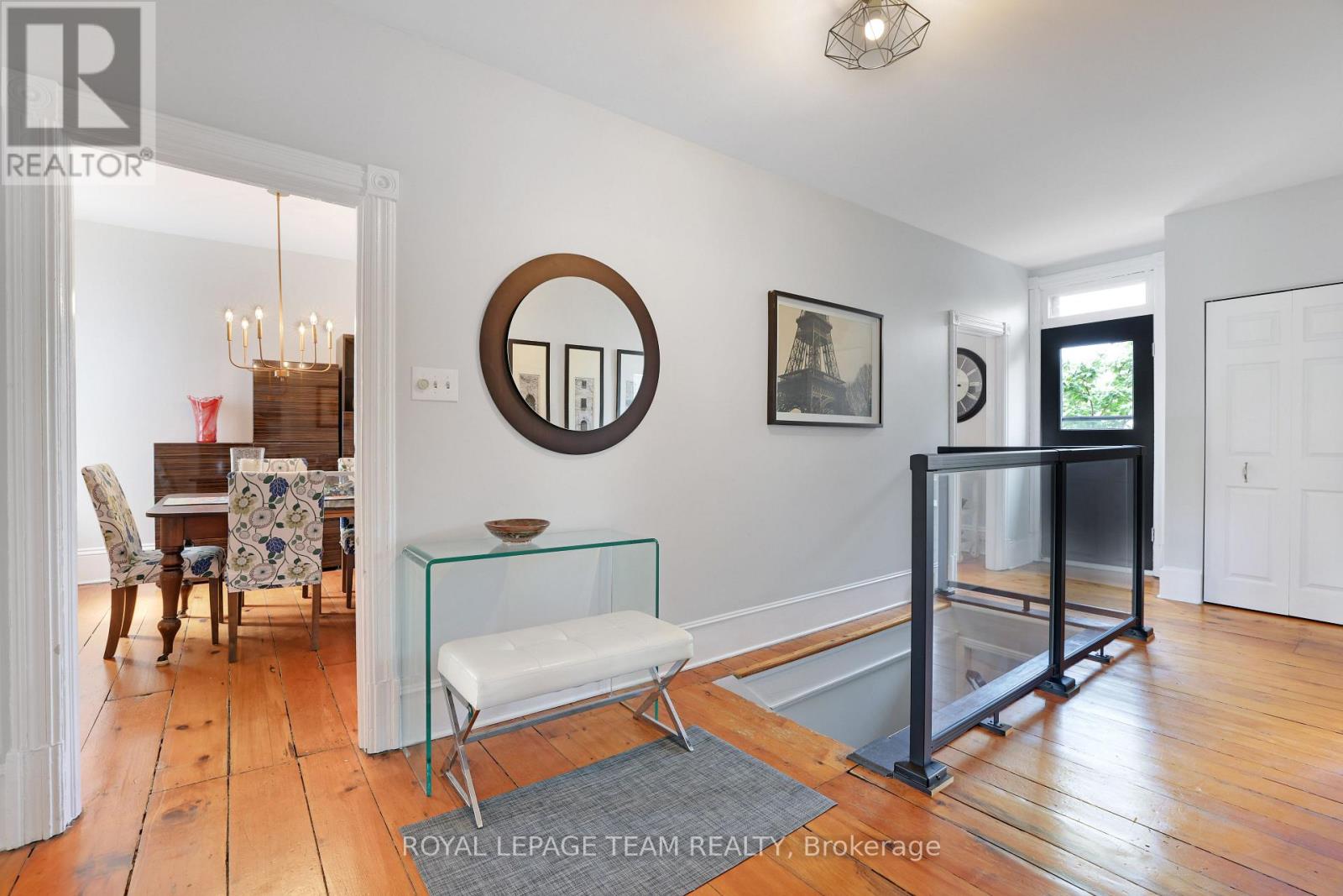 Modern railing, carpet on stairs, 2021.