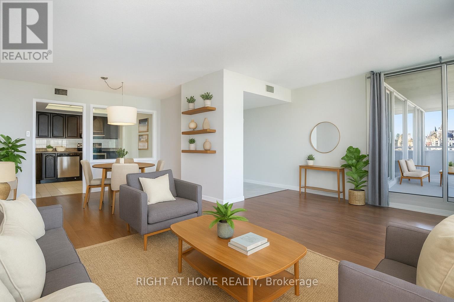 Virtually staged living and dining room.