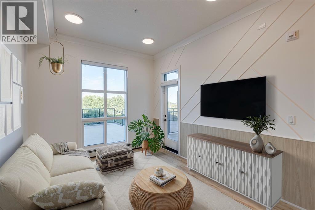 living room to  exterior window and deck door virtually staged