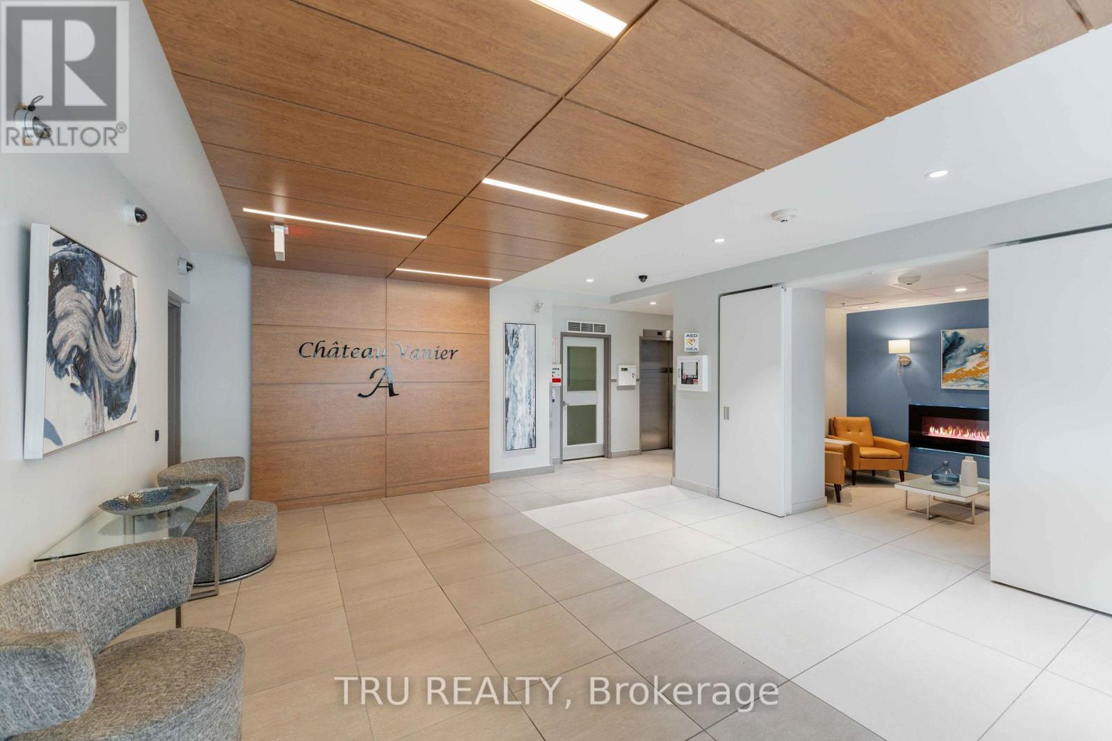 Expansive lobby with cozy fireplace.
