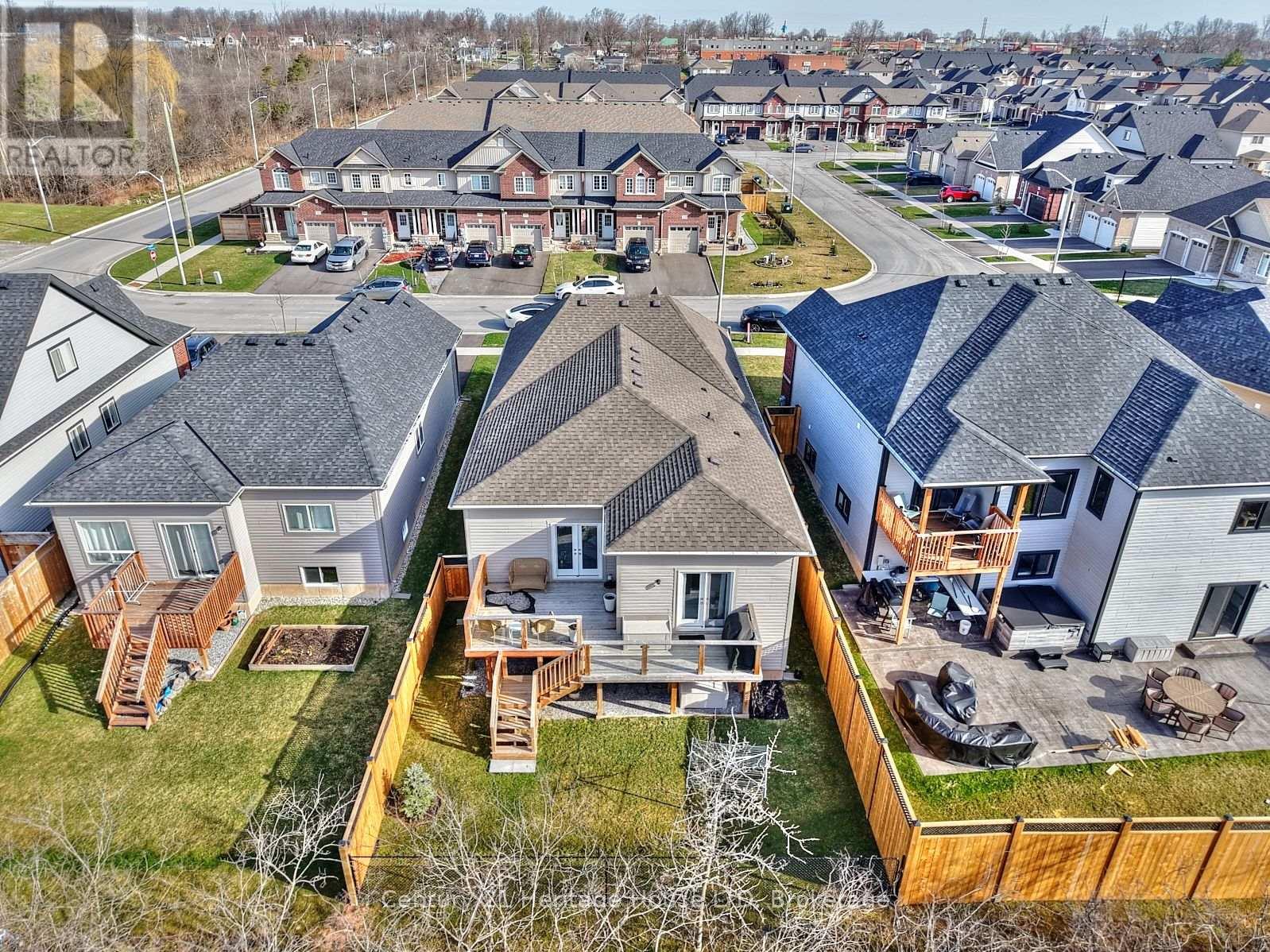 Aerial view of the backyard and deck