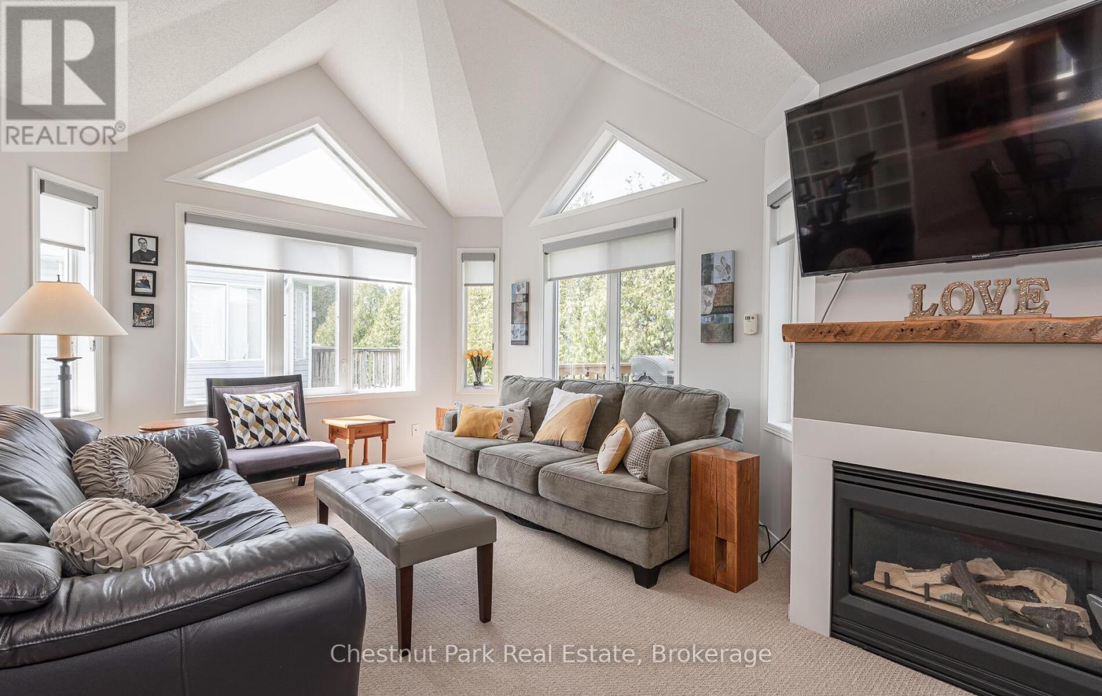 Cathedral ceilings in the bright living room