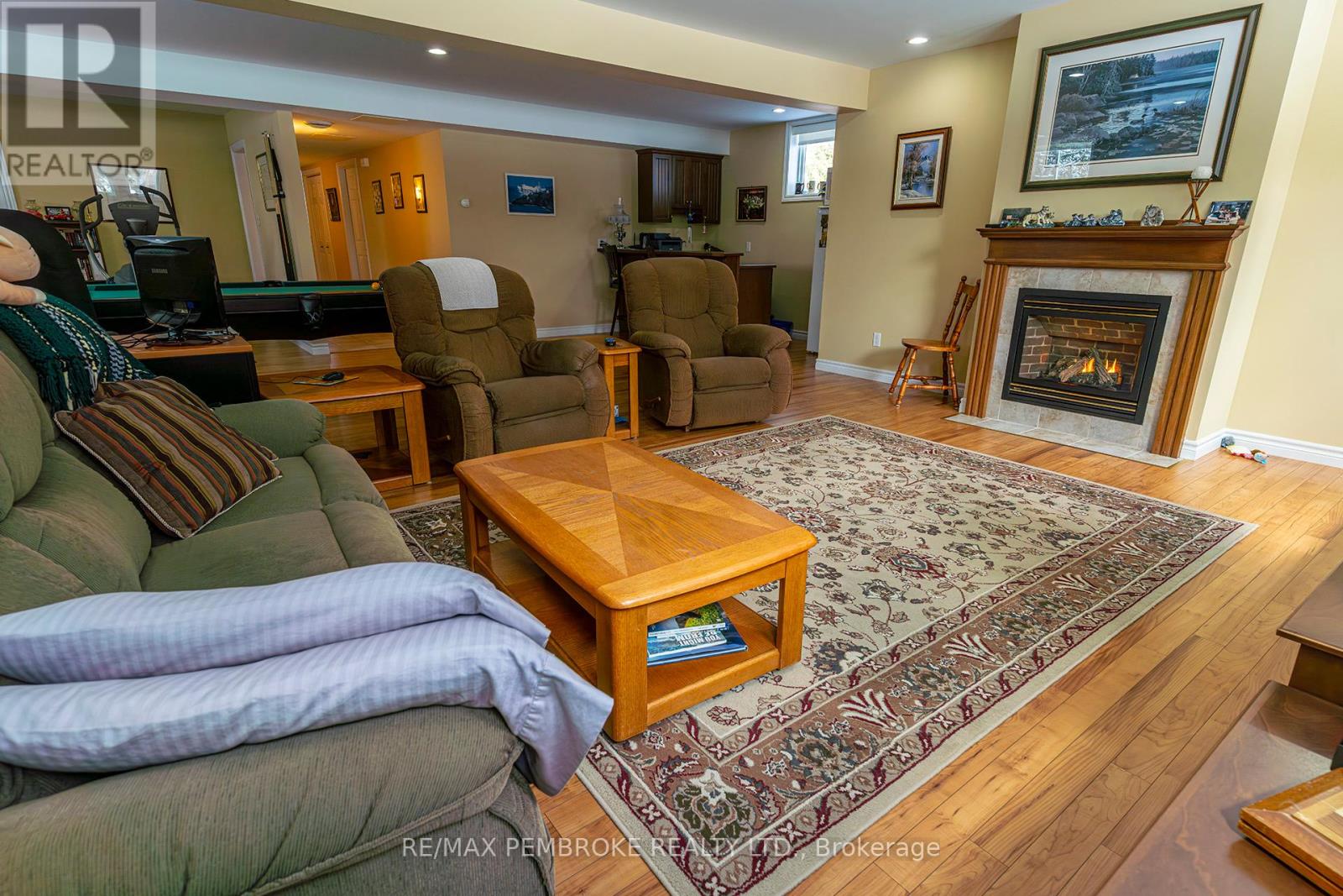 lower level family room with fireplace