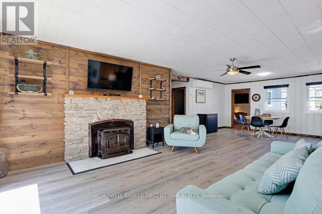 Living room accent wall with display shelves