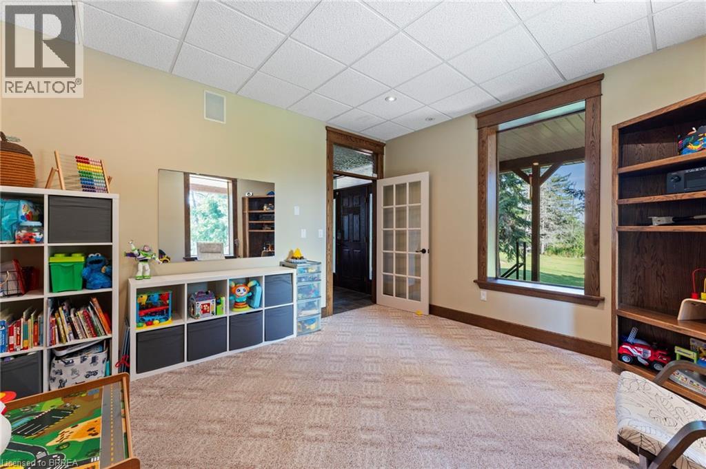 Rec room with a drop ceiling and carpet