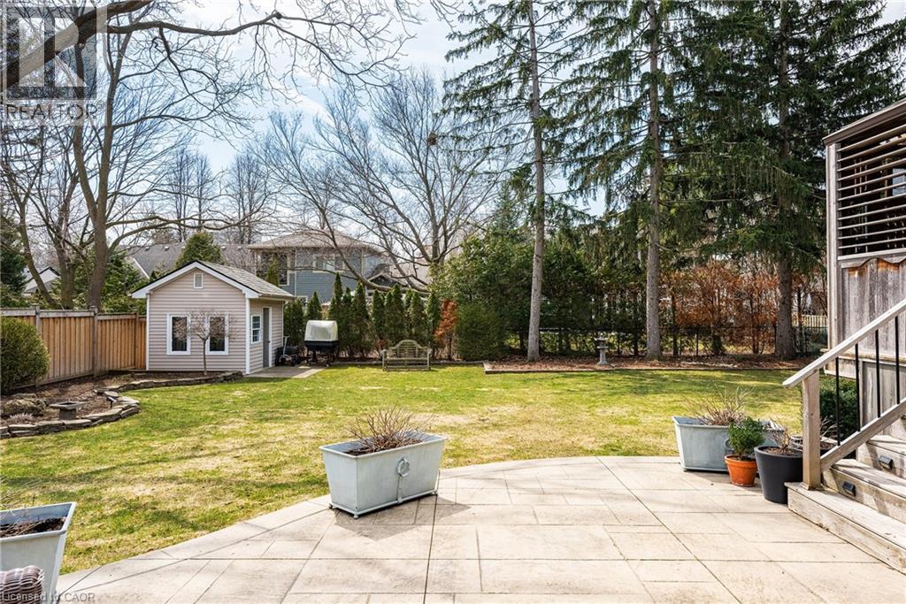 Fenced backyard with a patio and an outbuilding