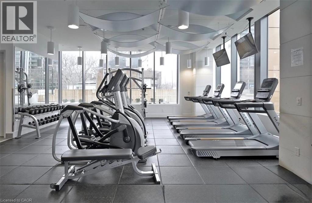 The fitness center features a range of cardio equipment, including treadmills and elliptical machines, along with a selection of dumbbells