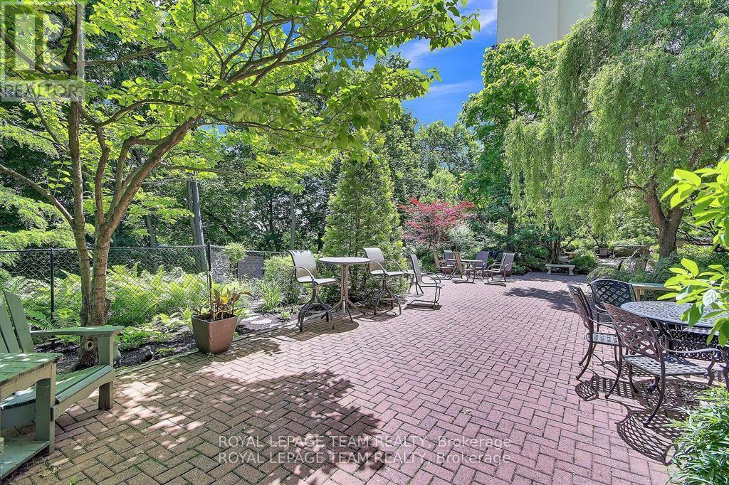 Lovely gardens and patio at back of building