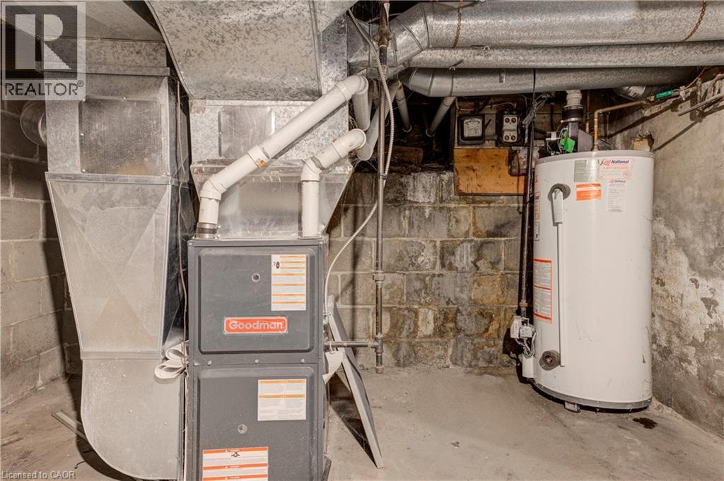 The property features a Goodman furnace and a water heater, alongside exposed ductwork and concrete block walls