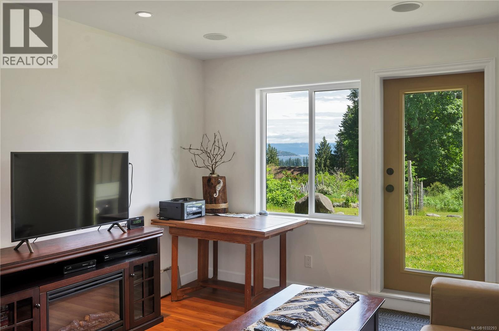 family room on lower floor, door to yard