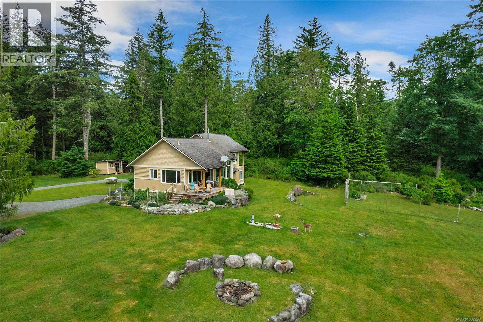 aerial views of south side of home, firepit area