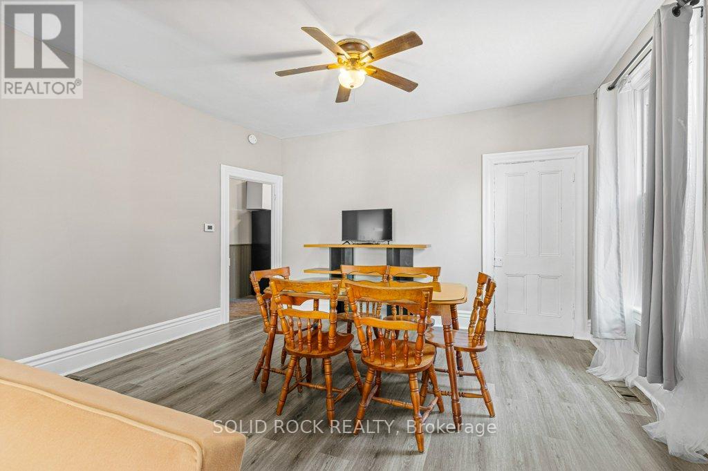 Dining area also has tall ceilings