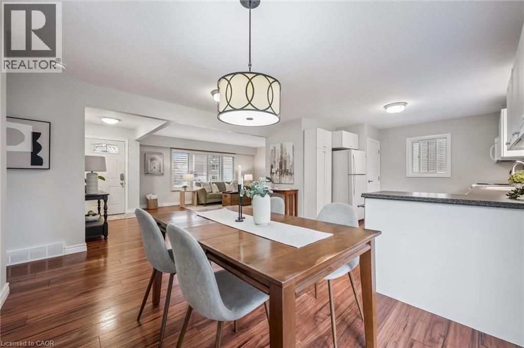 Dining area featuring a drum pendant light fixture, wood-finish flooring, and light gray wall paint