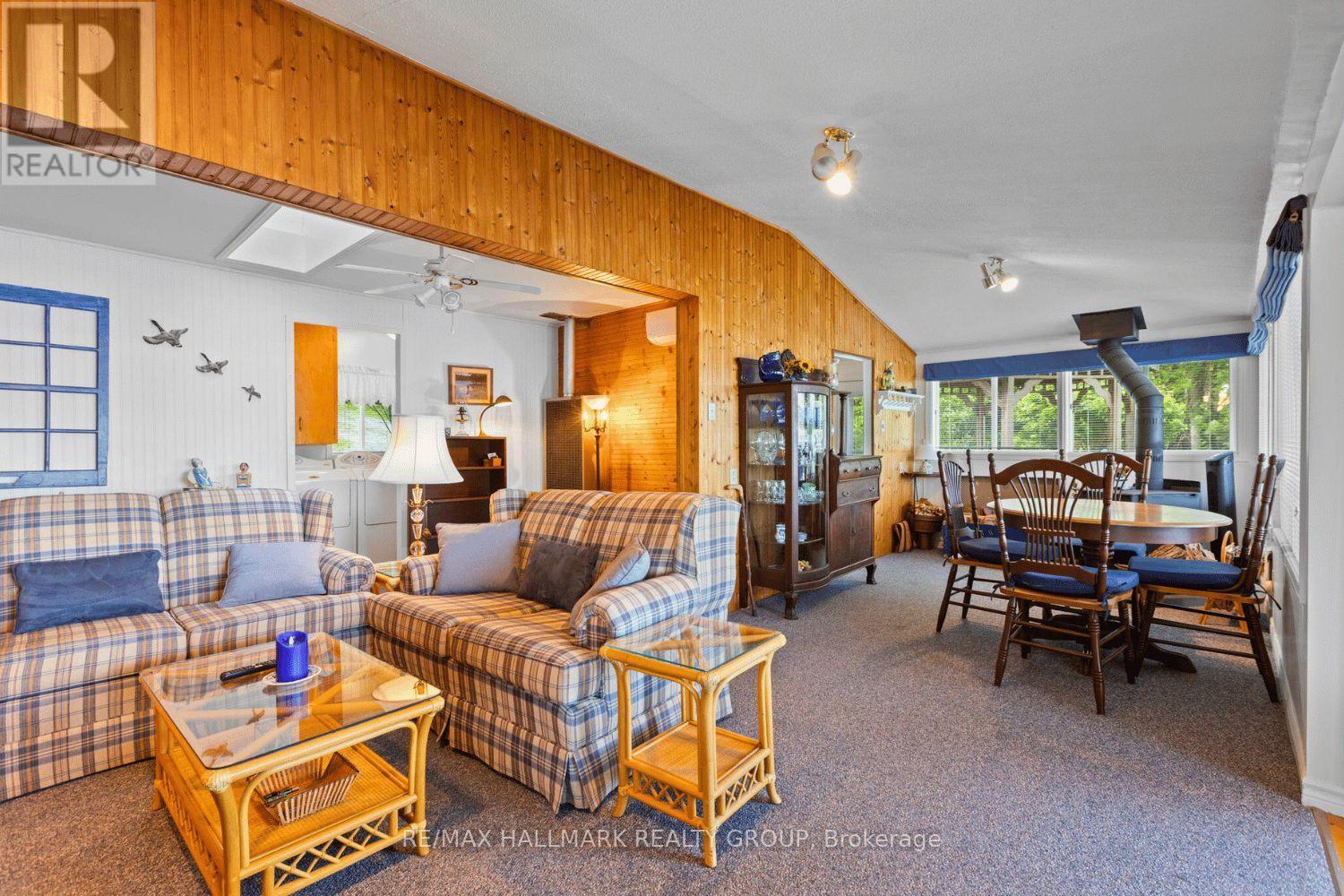Spacious living and dining with wood detail