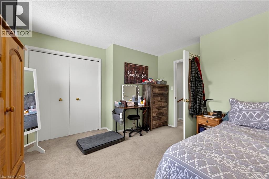 This room features a light green wall color, a carpeted floor, and a closet with bifold doors