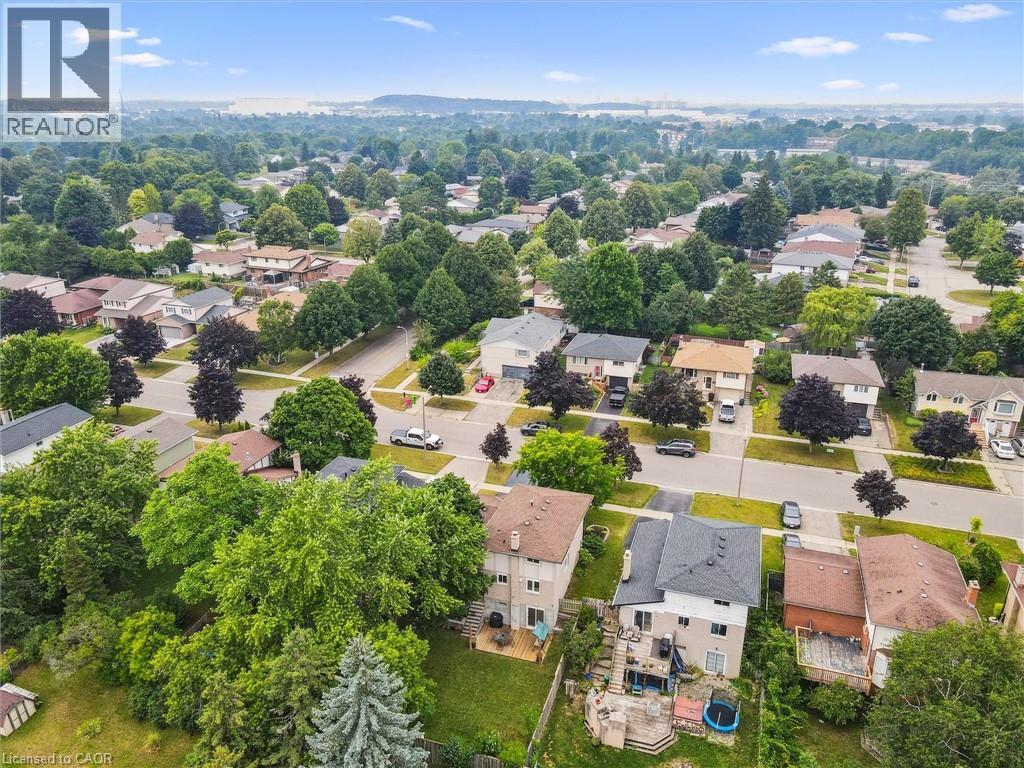 Aerial perspective showcasing a residential neighborhood with mature trees