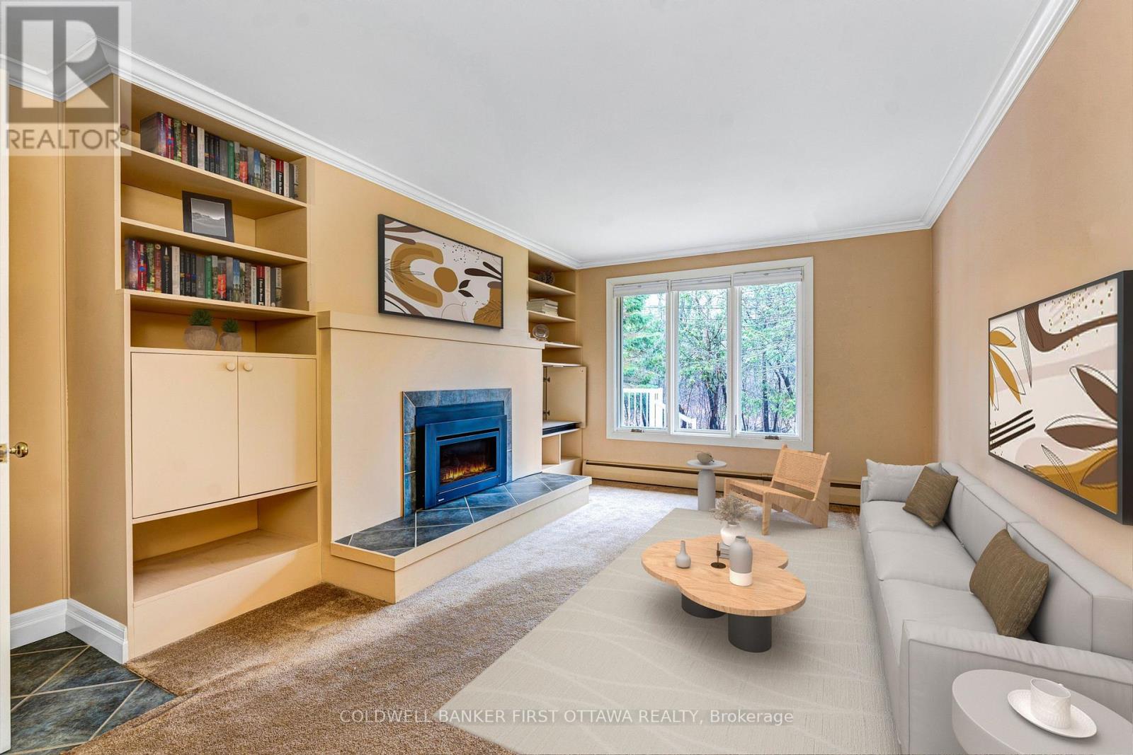 Familyroom fireplace with gas insert (AI staging)