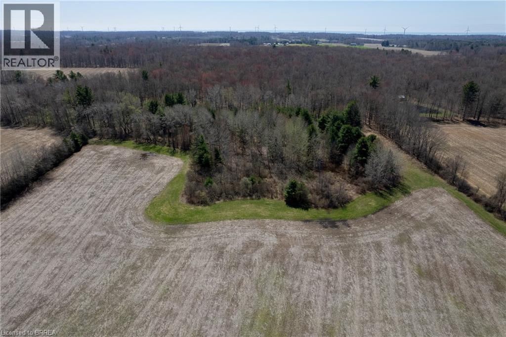 Agricultural land bordered by dense woodland, featuring cultivated fields and scattered green areas