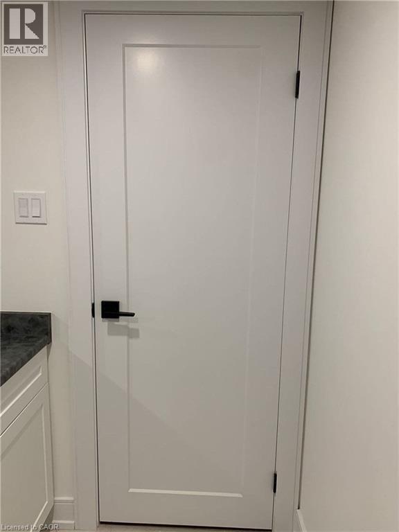 Modern interior door with black hardware, complementing the surrounding white walls and trim