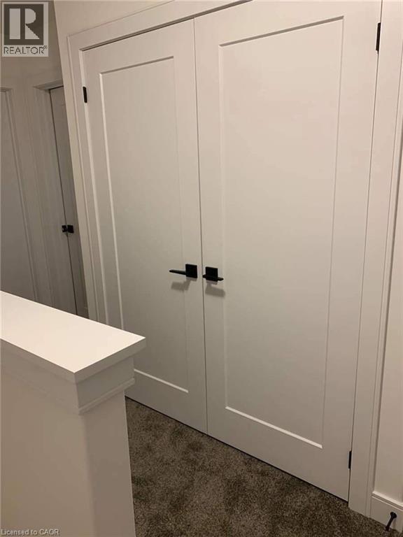 White panel doors with matte black hardware, framed by white trim, and set against a neutral-toned carpet