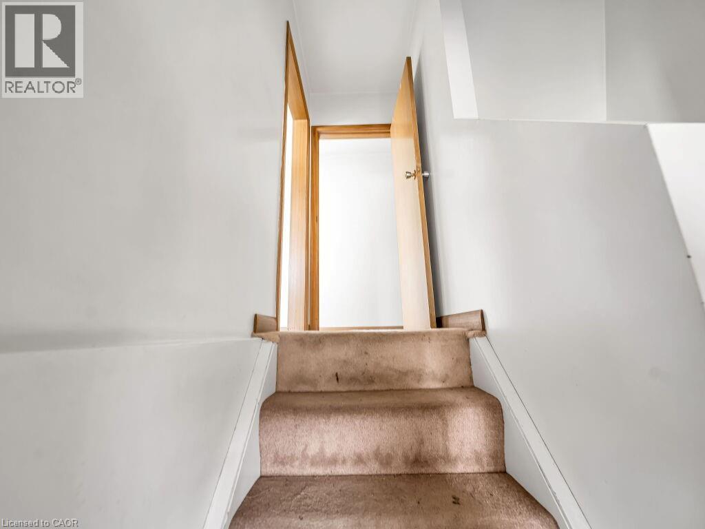 Carpeted staircase with white risers and light-colored walls leading to a doorway with a light wood-finish door and frame
