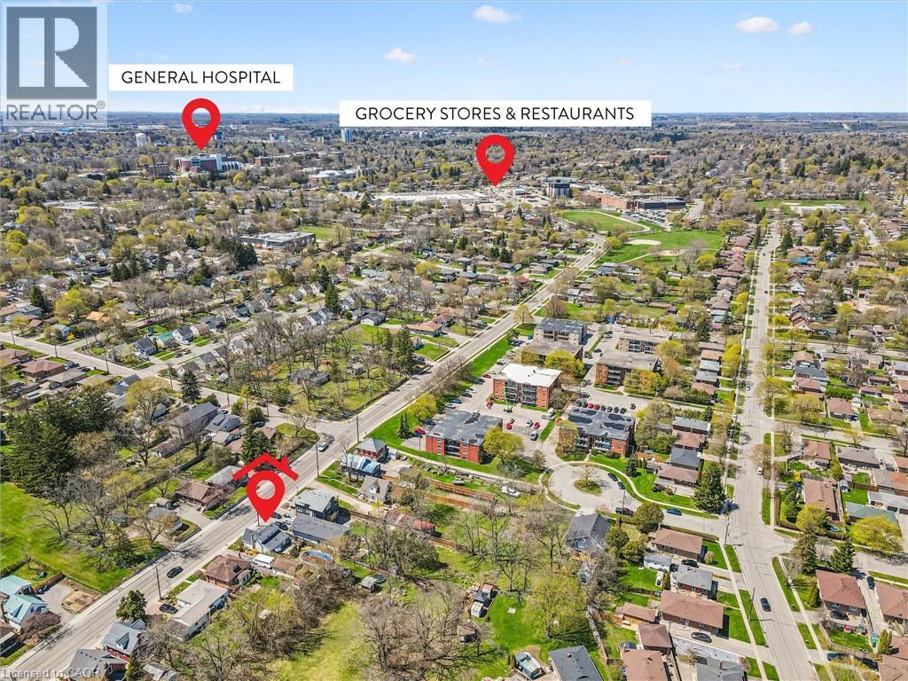 Aerial perspective showcasing a residential neighborhood with tree-lined streets