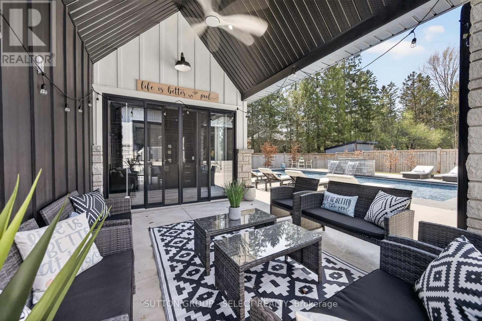 Covered porch pool house lounge