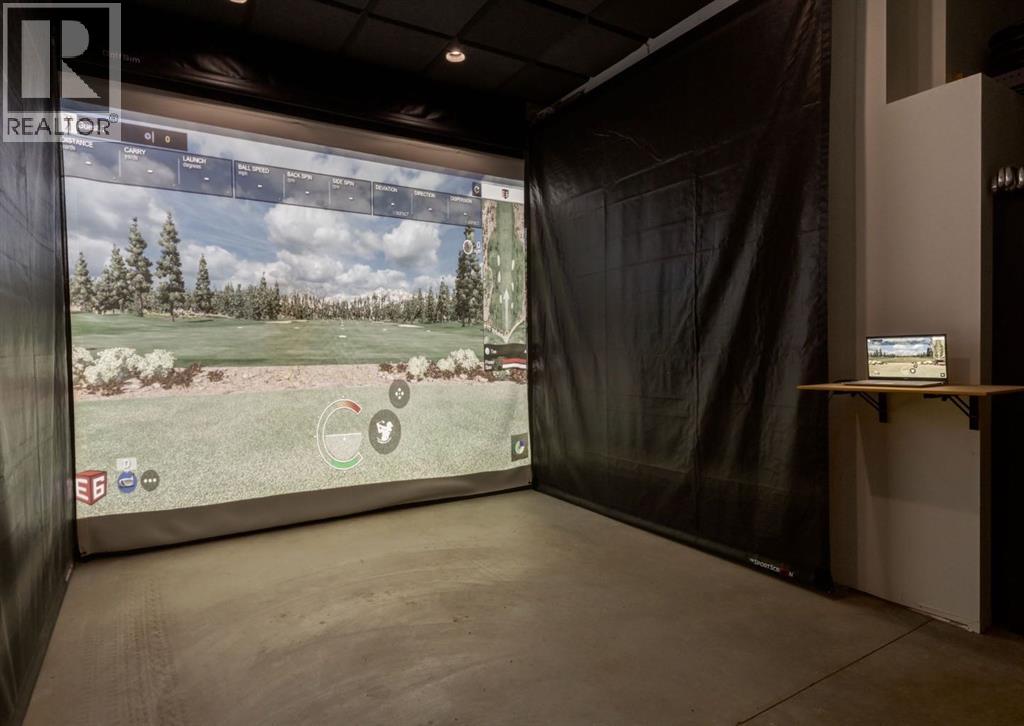 Retractable screens in the garage for a golf simulator, artificial turf included