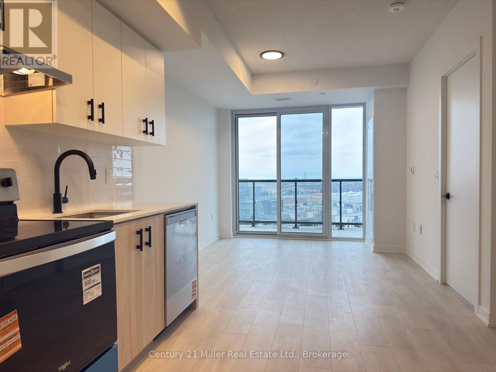 Modern kitchen with Burlington skyline views