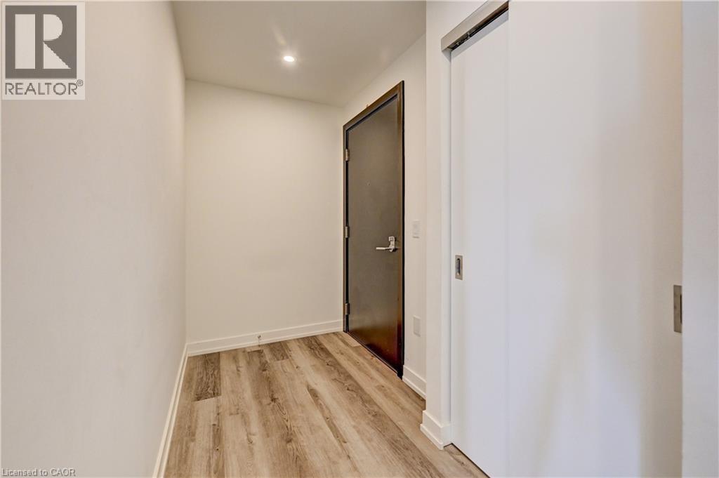 Entryway with wood-finish flooring, white baseboards, a dark-paneled door with brushed metal hardware, and recessed lighting