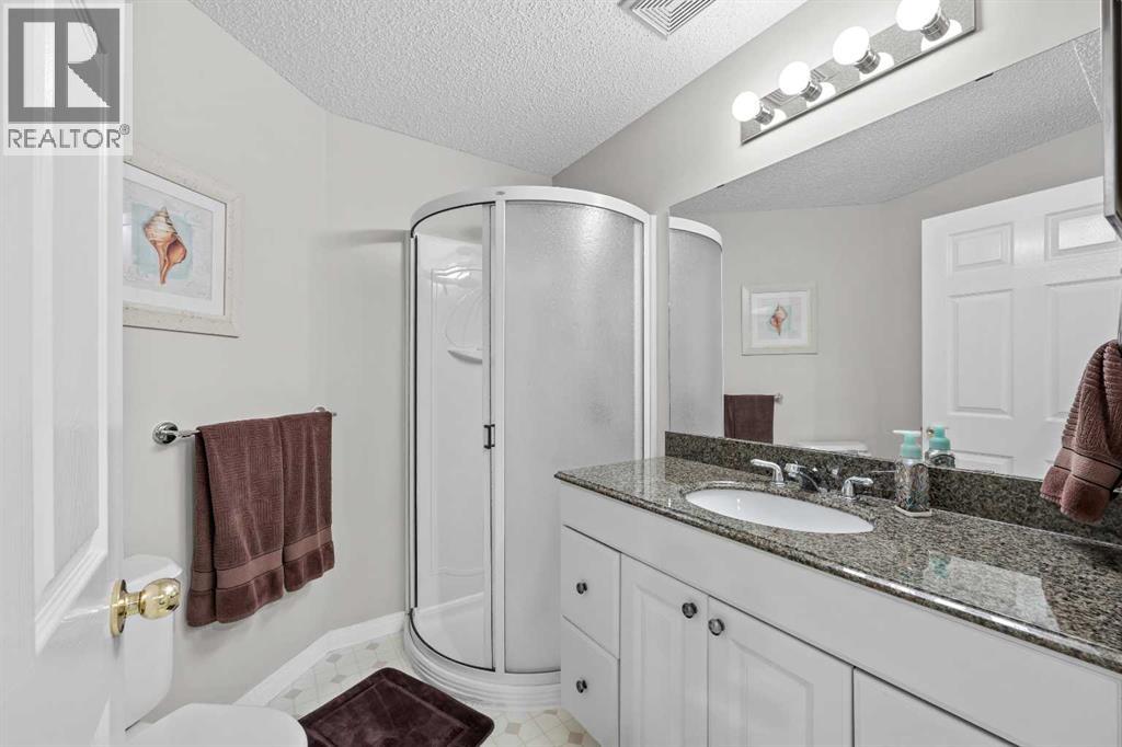 A full lower-level bathroom with granite vanity and a corner shower, conveniently serving the basement living spaces
