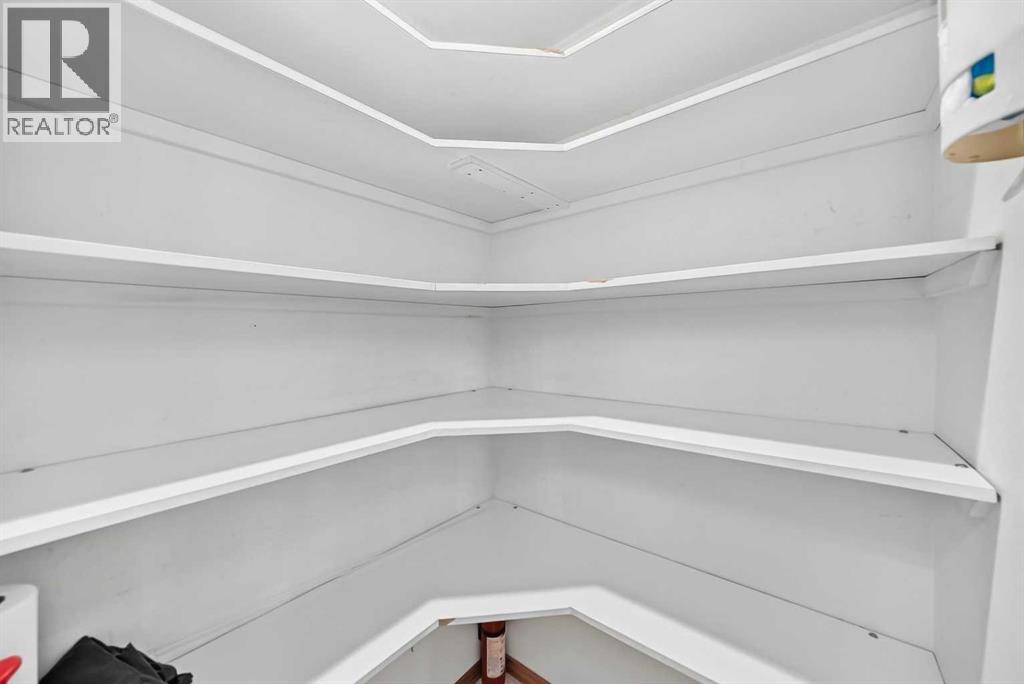 Interior view of the built-in kitchen pantry with extensive shelving for maximum storage and organization