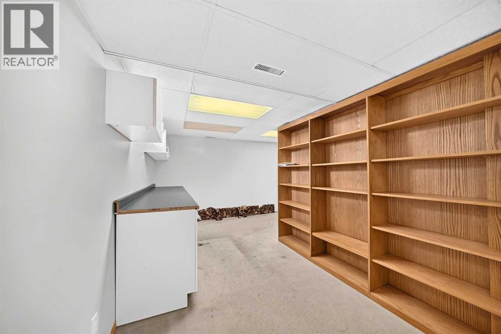 The lower-level storage area with built-in shelving