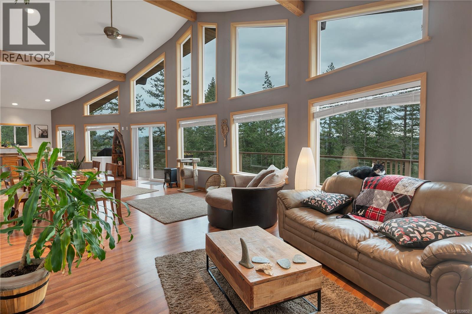 vaulted ceilings & a wall of windows along the front of the home