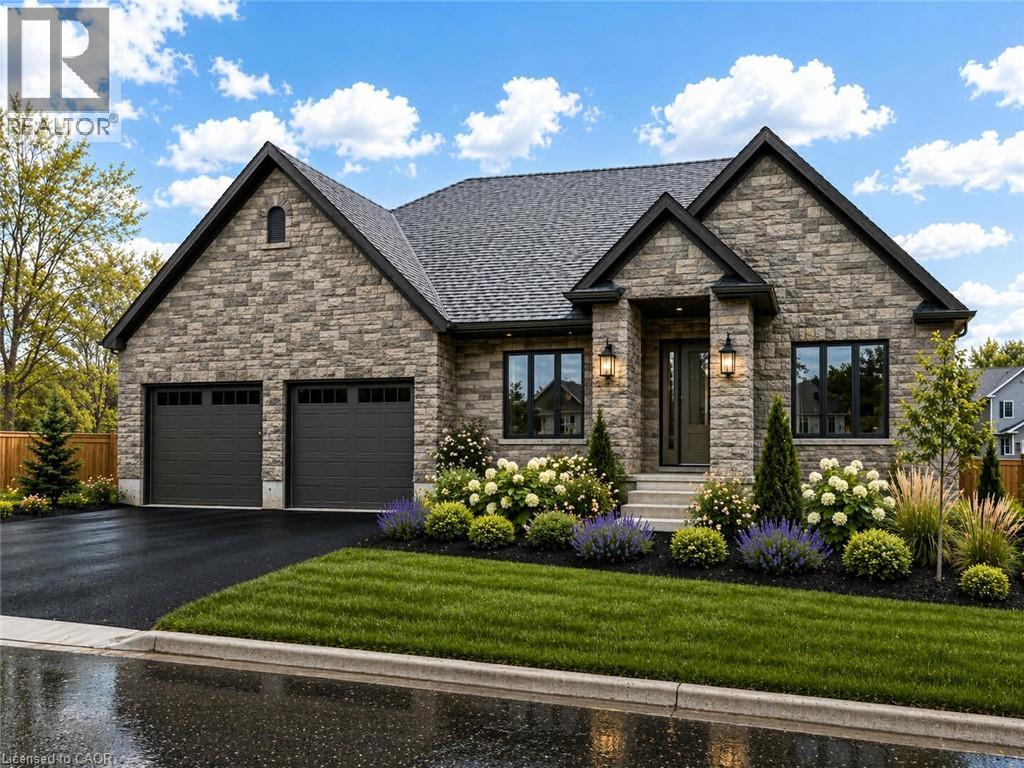 Stone veneer exterior with dark trim accents