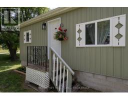 Green siding house exterior with white door, flower basket, diamond shutters, and stairs - 2956 County Road 14 Stone Mills