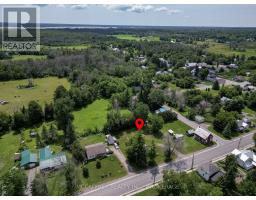 Aerial view of rural property with houses, trees, hay bales, and a red marker - 2956 County Road 14 Stone Mills