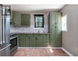 Kitchen with green cabinets, stainless steel appliances, and brick tile backsplash - 2956 County Road 14 Stone Mills