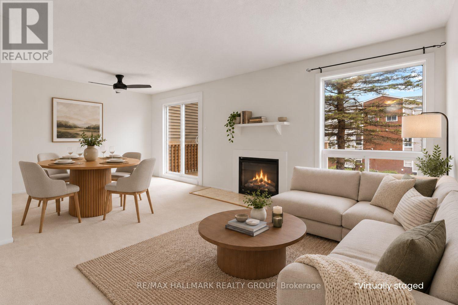 Virtually Staged living room with cozy fireplace