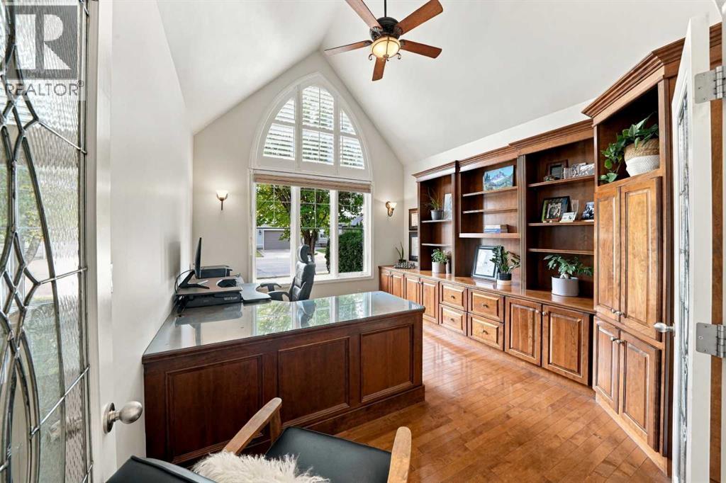 The front office with a vaulted ceiling and custom cabinetry