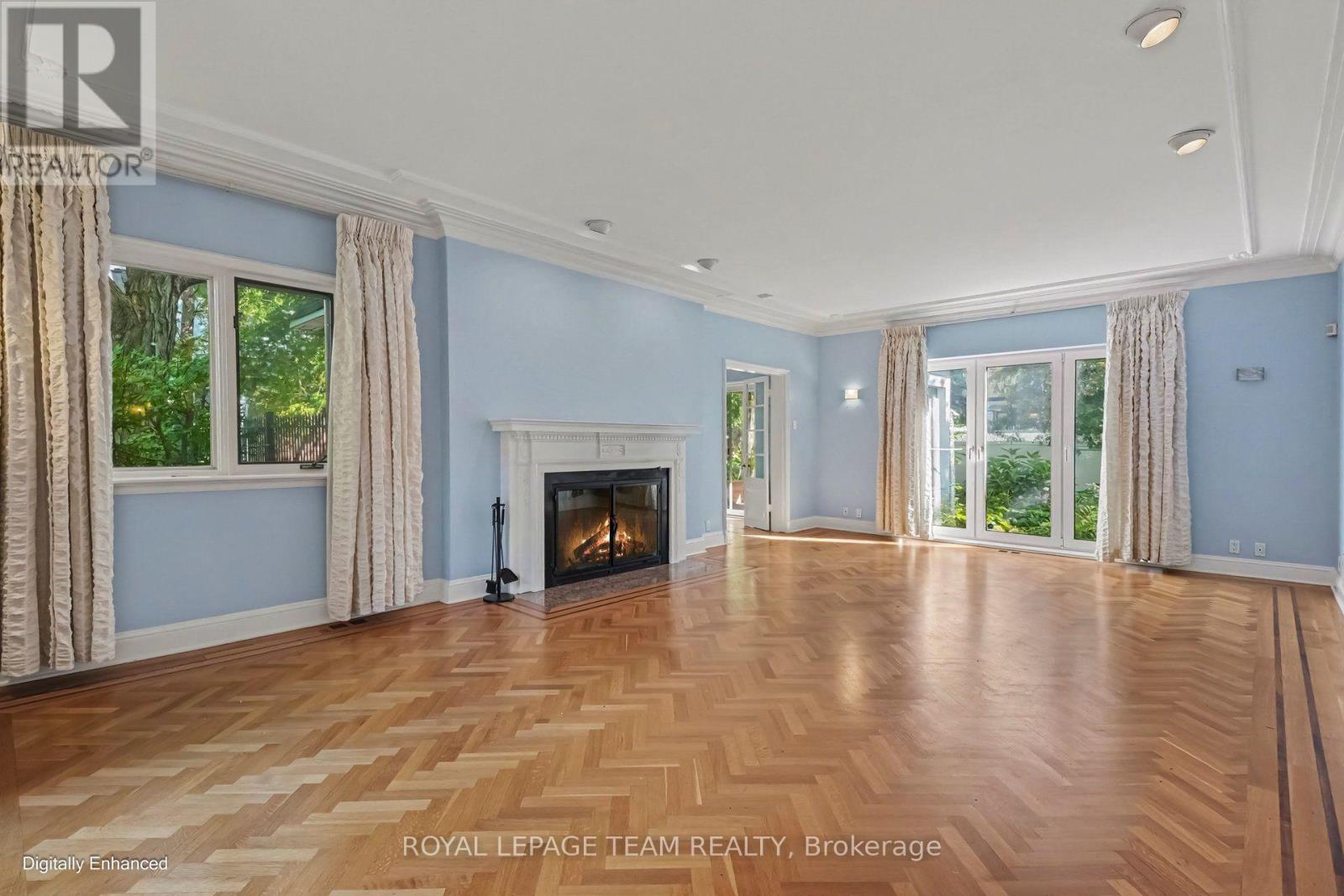 Living room with wood fireplace