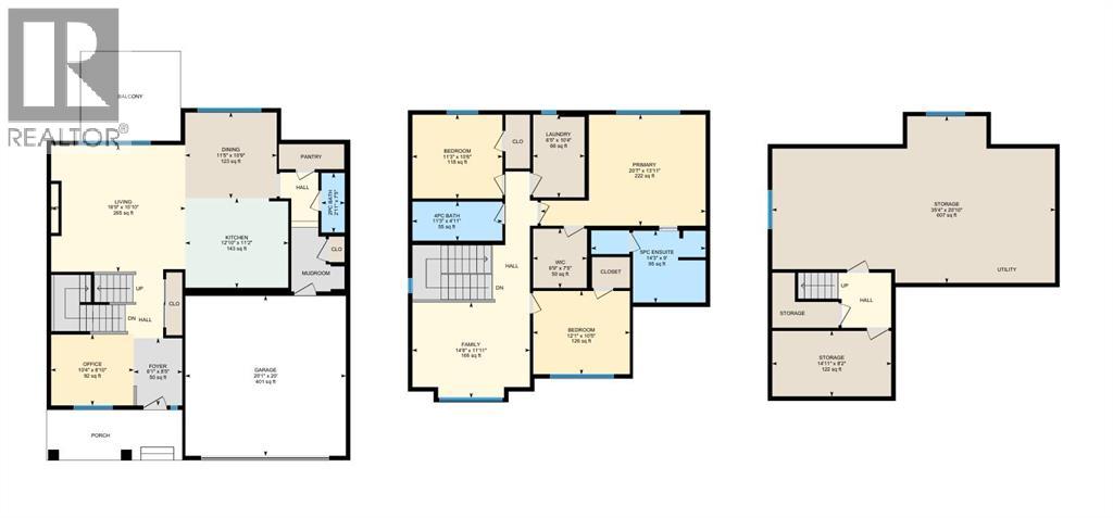 Detailed floor plans of 605 Southwinds Close SW showing the main floor, upper level, and basement
