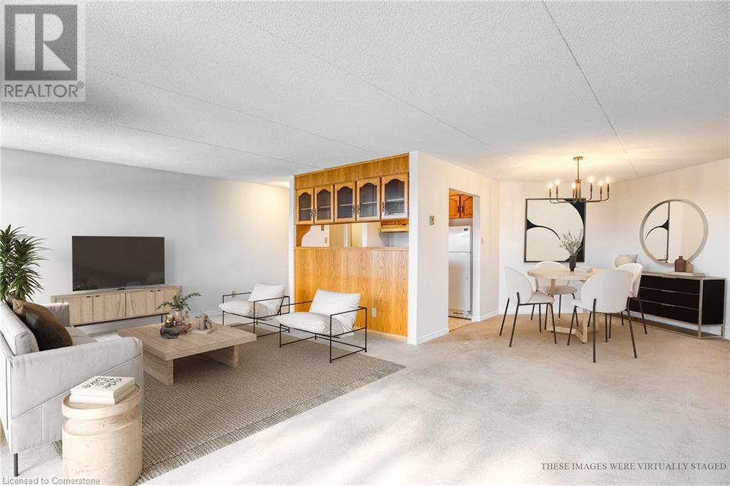 Welcome to a bright and spacious 2-bedroom, 2-bathroom condo situated in a prime location in Guelph! Perfect for down-sizers, first-time home buyers, or anyone in search of carefree living. This lovely home offers a spacious, thoughtful layout and an abundance of natural light. The living room features a gas fireplace which is exclusive to units on the 6th & 7th floors of the building. The two bedrooms are generously sized, with the primary bedroom featuring an expansive walk-in closet and three- piece ensuite bathroom. Restore and relax on your private balcony and enjoy a birds-eye view of the surrounding treetops and stunning sunset views! You will appreciate the ample storage space and the convenience of in-suite laundry. This unit is complete with one exclusive parking space and storage locker. Prepare to be impressed by the fabulous building amenities including; the sauna, exercise room, party room and games room with billiards and ping pong tables. The building is located in a quiet peaceful neighbourhood at the end of a cul-de-sac while only moments away from Stone Road Mall, public transit, grocery stores, restaurants, The University of Guelph and more! Offering a perfect blend of tranquility and convenience, this property provides quick access to the Hanlon Expressway and Highway 401, making commuting and travel hassle-free. A fantastic opportunity to live in a well-maintained condo in one of Guelph's most desirable neighbourhoods. (id:48254)