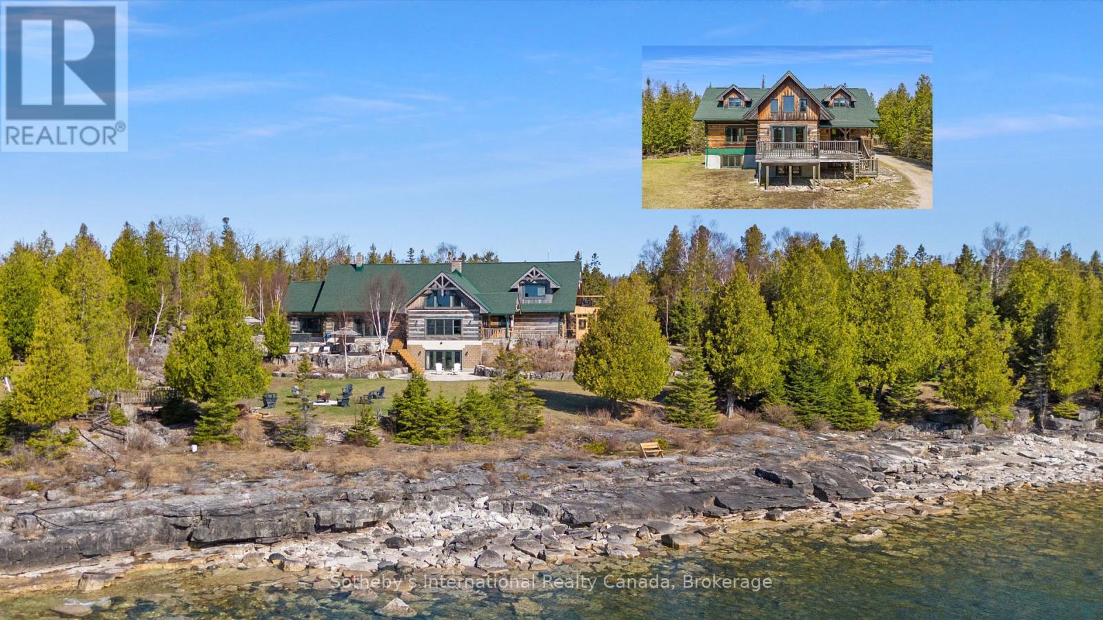 Welcome to "The Estate on Michael's Bay", one of the most exclusive properties on Manitoulin Island - an exceptional 116-acre waterfront estate featuring 928 ft of pristine shoreline on the crystal-clear waters of Lake Huron. The estate consists of a 9,000 sq ft log home, a 3,000 sq ft guest house, a 3,600 sq ft heated workshop, a private 2,500 ft airstrip and a private lake. Minutes from South Baymouth and just 85 minutes by plane from Toronto, this gated property offers ultimate privacy, convenience, and luxury. At the heart of the estate lies a breathtaking main residence that blends timeless log construction with concrete floors and radiant in-floor heating. A dramatic, floor-to-ceiling 4-sided wood-burning stone fireplace anchors the vaulted great room, surrounded by living, music, study, and sitting areas. The breakfast nook offers a place to relax in front of a wood-burning fireplace. The kitchen features a waterfall island, hidden pantry, wine cooler, Thor appliances, and beamed ceilings. A mud/laundry room, a guest suite with ensuite, and a 2-piece bath complete the main floor. Upstairs, a floating staircase with glass railing leads to the primary suite's sitting area, 6-piece ensuite with soaking tub, double showers, dual vanities, and private deck. The lower level offers a games room with wet bar, fitness studio, family room, walkout bedroom, full bath, and unfinished spaces to add your touch. Outside, enjoy a hot tub, limestone waterfall, screen sunroom, landscaped terraces, and al fresco dining. The guest house includes 4 beds, 2.5 baths and a garage. The workshop features 3 oversized garage doors, EV charger, and an unfinished apartment. Backing onto 500+ acres of protected conservation land with hiking trails, this rare offering combines elegance, adventure, and legacy. Whether you're seeking a refined second home, a family compound, or a nature-infused escape from city life, this extraordinary property delivers a once-in-a-lifetime opportunity. (id:48254)