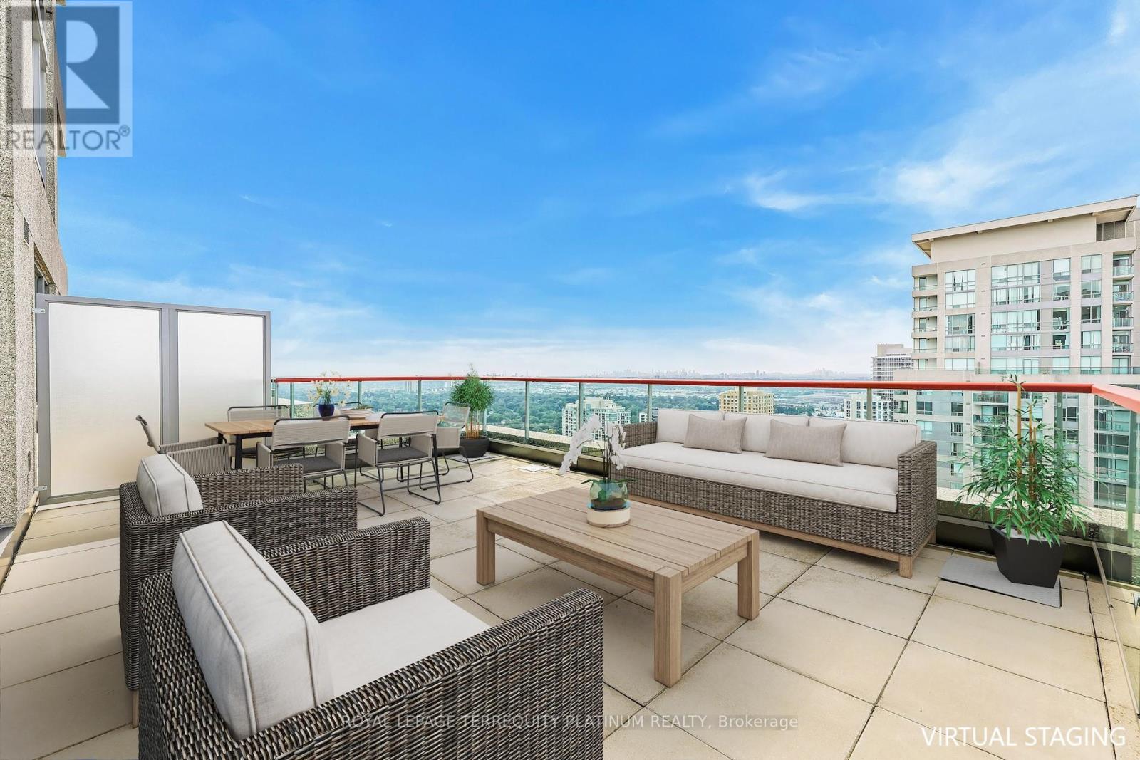 Welcome to this luxury Monarch-built 2 Beds + Den corner condo suite in a prime location with direct access to Scarborough Town Centre, TTC and GO Bus Station, ideal for anyone seeking convenient lifestyle and vibrant community living. Offering over 910 sq ft of interior space with 9ft ceilings, a 350 sq ft oversized terrace, and a wrap-around balcony with sunset views, this bright and spacious unit features plank flooring, quartz kitchen countertop, and is well cared for by the original owner. The den can easily be used as a third bedroom, perfect for growing families. Enjoy being steps to shopping, grocery stores, the public library, and transit, making daily life easy and accessible. One Parking & One Storage Locker Included! 3DVirtual Tour Available (Taken Before Kitchen Countertop Upgraded To Quartz. Please Check Photo For New Countertop). (id:48254)